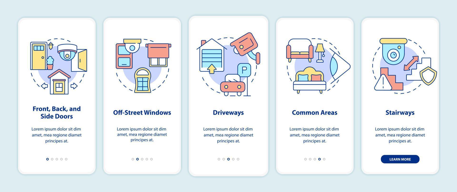 Security cameras placement onboarding mobile app page screen. Home protection walkthrough 5 steps graphic instructions with concepts. UI, UX, GUI vector template with linear color illustrations