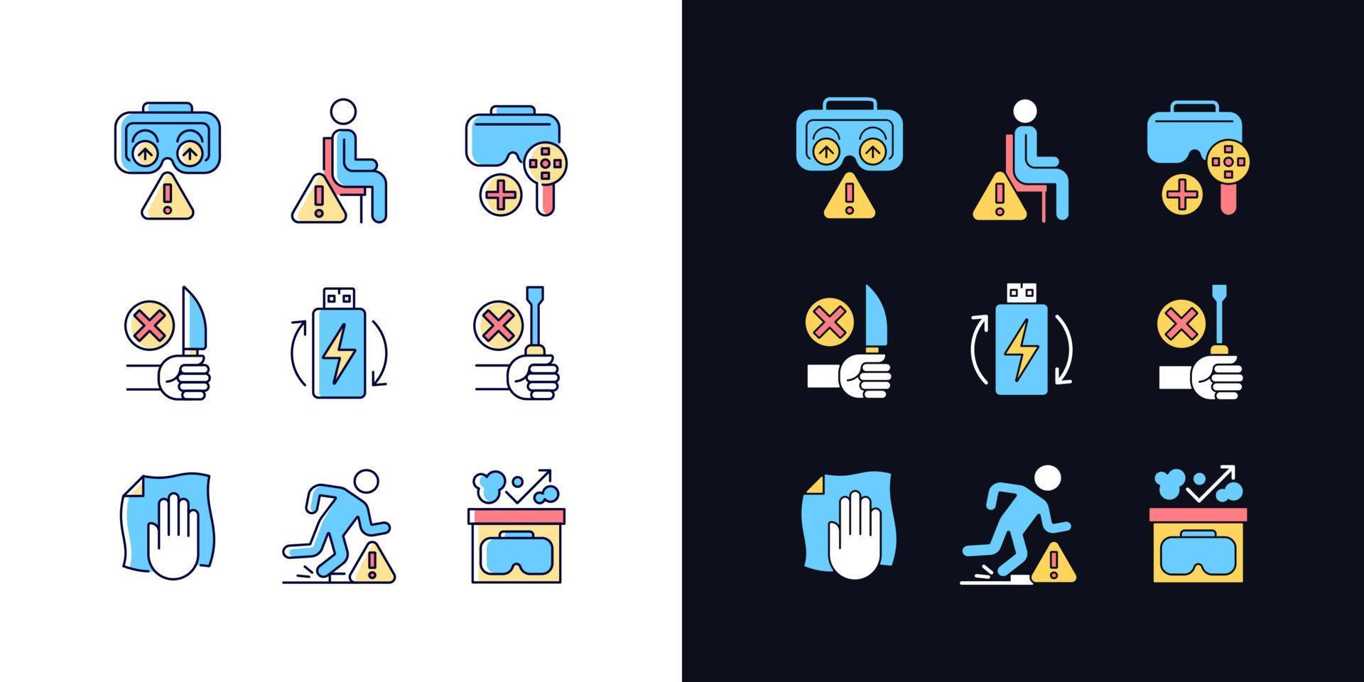 VR glasses instructions light and dark theme RGB color manual label icons set. Isolated vector illustrations on white and black space. Simple filled line drawings pack for product use instructions