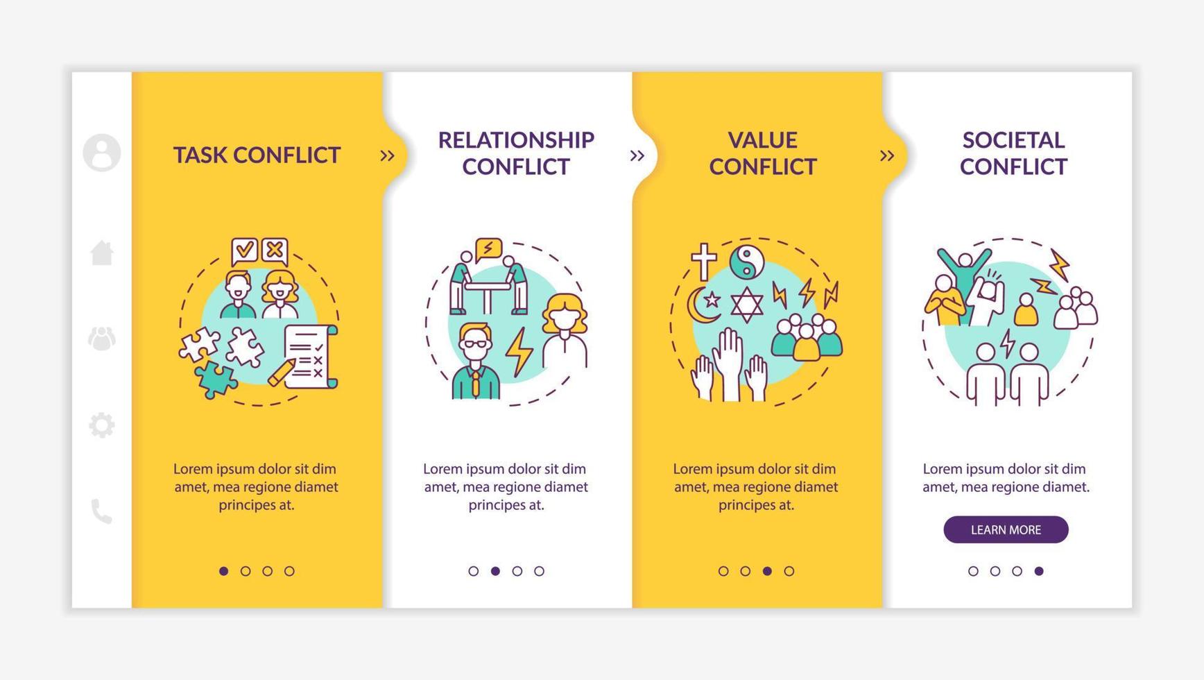 Plantilla de vector de incorporación de diferentes conflictos. sitio web móvil receptivo con iconos. Tutorial de la página web Pantallas de 4 pasos. problemas de comunicación concepto de color con ilustraciones lineales