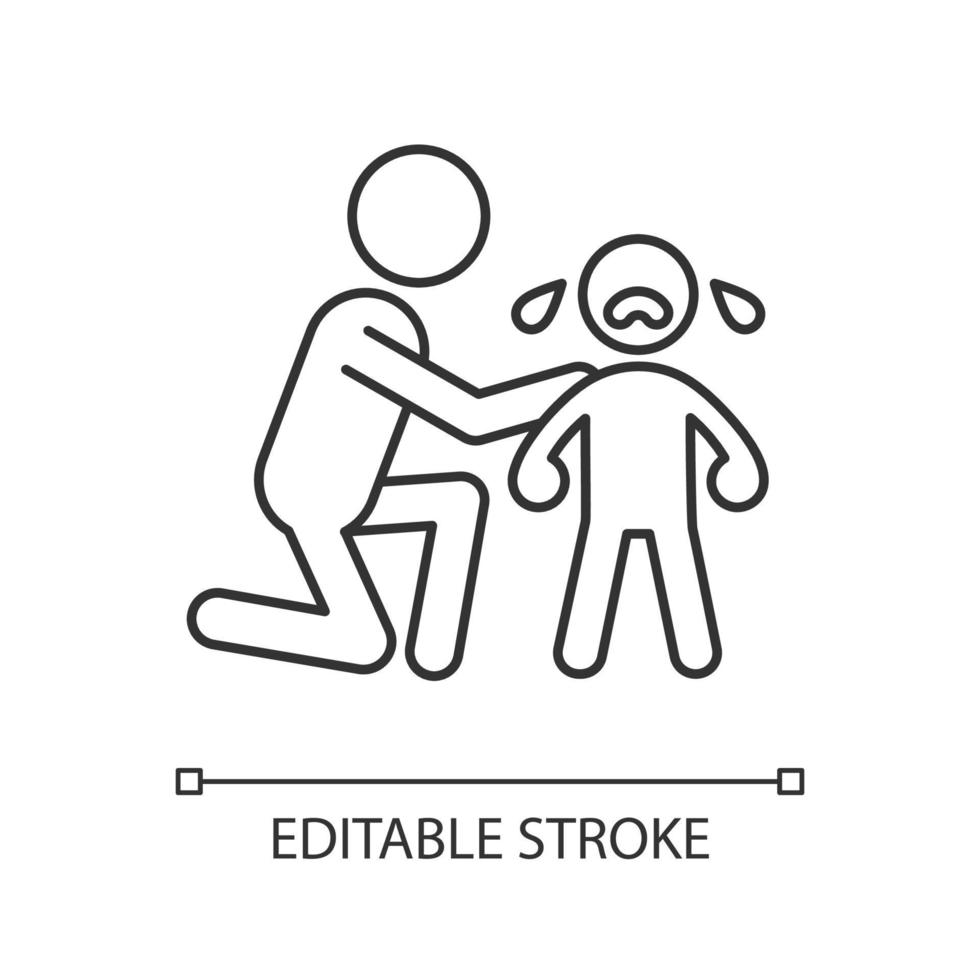 Comforting crying child linear icon. Cuddling and softly talking to kid. Show empathy. Thin line customizable illustration. Contour symbol. Vector isolated outline drawing. Editable stroke