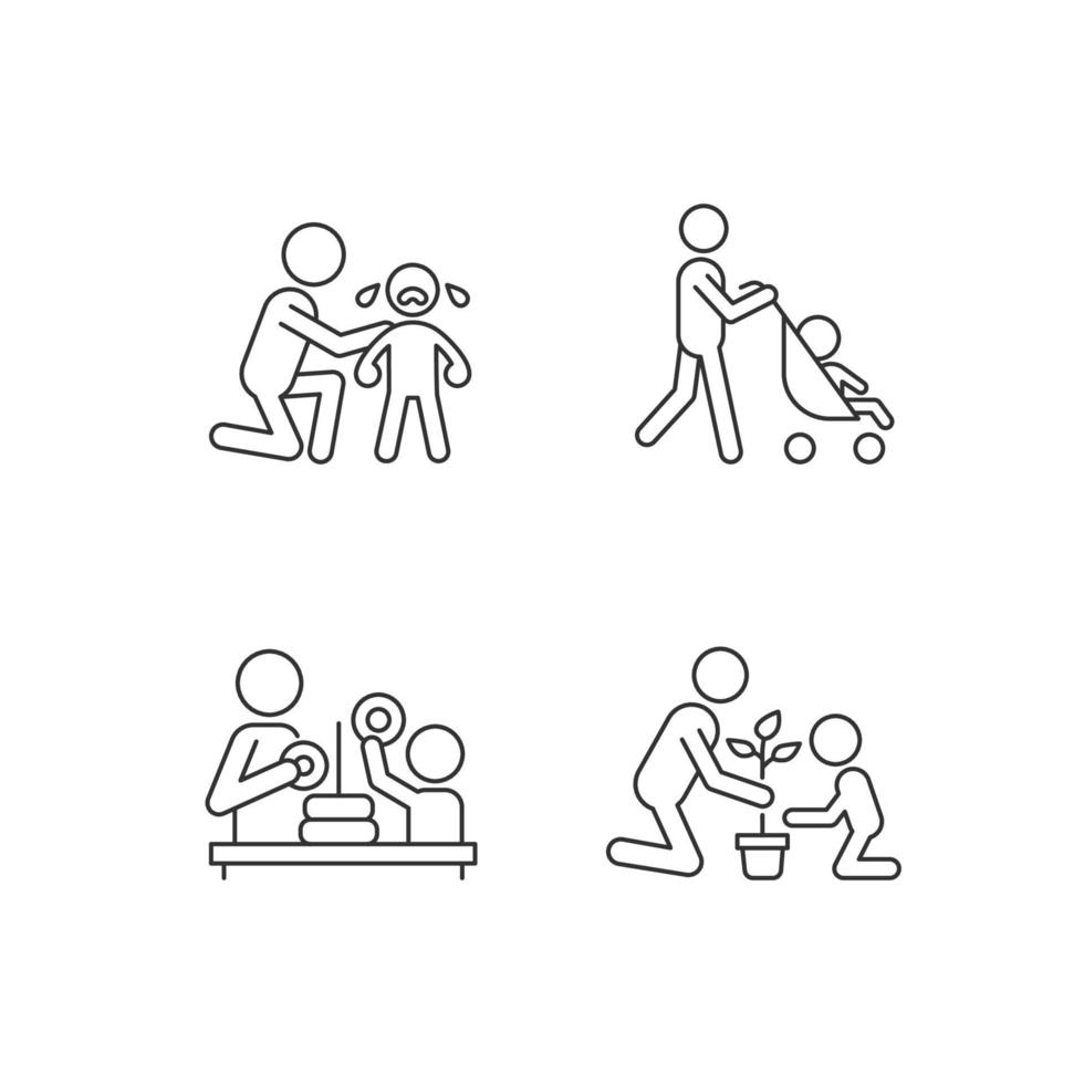 Parental involvement linear icons set. Comforting crying child. Walking with stroller. Planting flower. Customizable thin line contour symbols. Isolated vector outline illustrations. Editable stroke