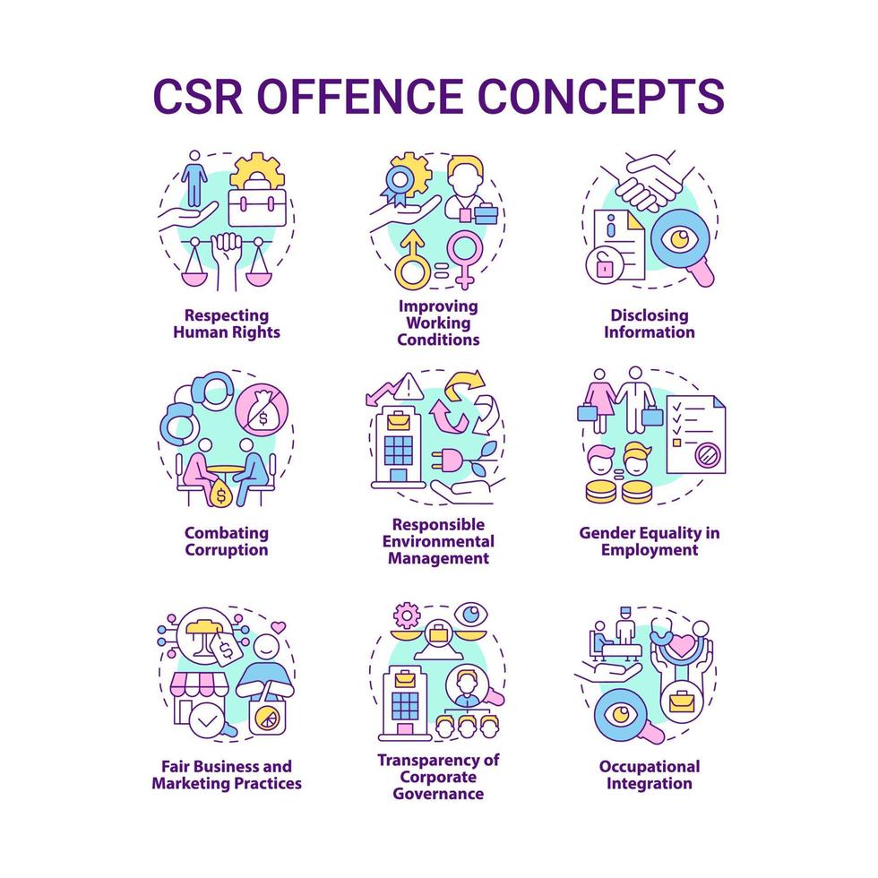 Corporate social responsibility offence concept icons set. Workplace rights. Voluntary policies and regulations idea thin line color illustrations. Vector isolated outline drawings. Editable stroke