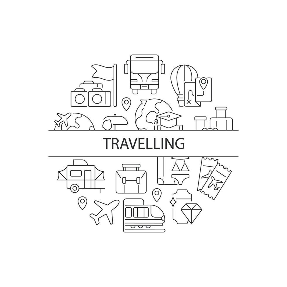 Travel abstract linear concept layout with headline. Trip for relaxation. Flight for tourists. Tourism minimalistic idea. Thin line graphic drawings. Isolated vector contour icons for background