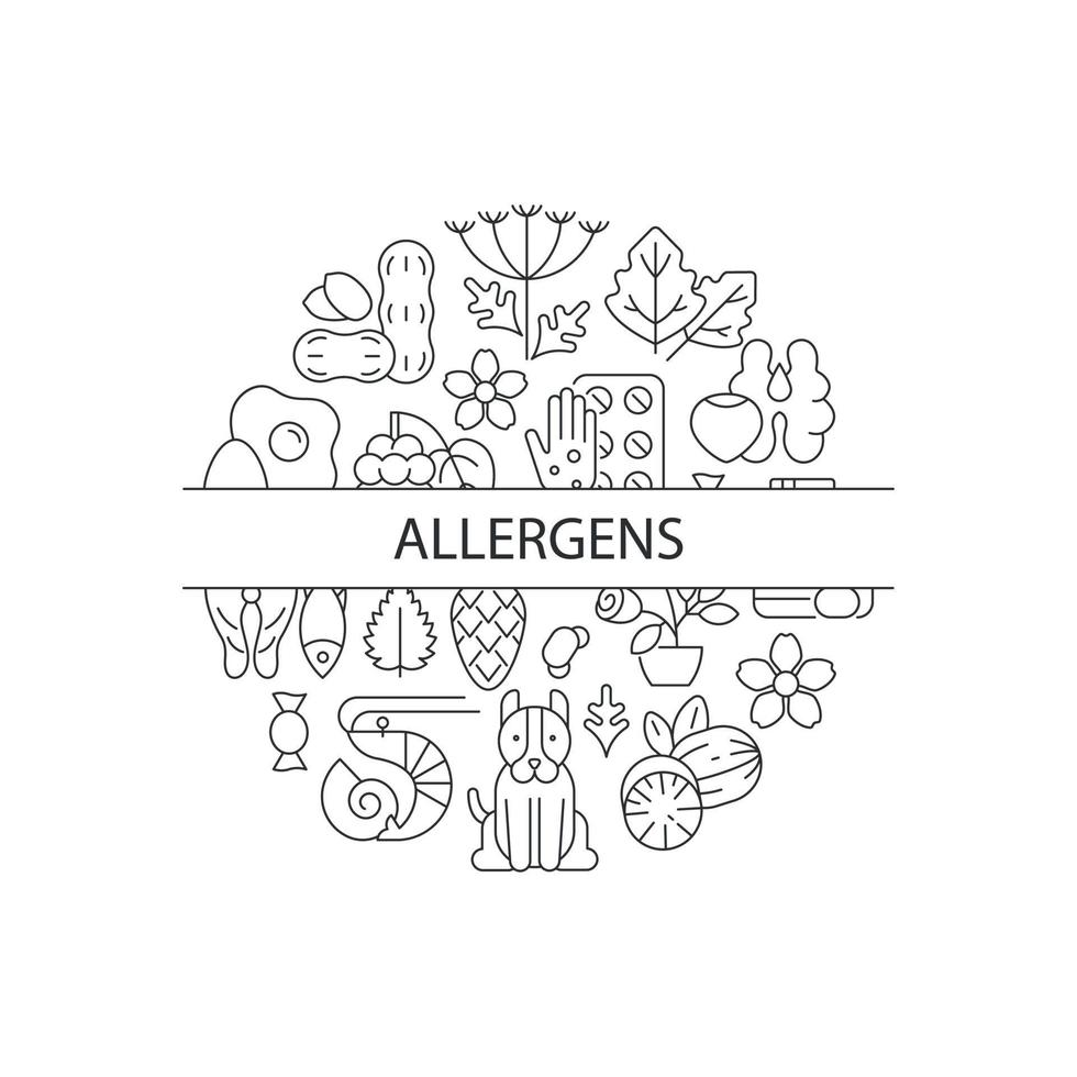 Common allergens abstract linear concept layout with headline. Allergy reaction reasons minimalistic idea. Rush sources. Thin line graphic drawings. Isolated vector contour icons for background