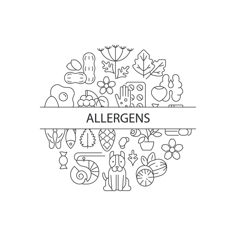 Common allergens abstract linear concept layout with headline. Allergy reaction reasons minimalistic idea. Rush sources. Thin line graphic drawings. Isolated vector contour icons for background