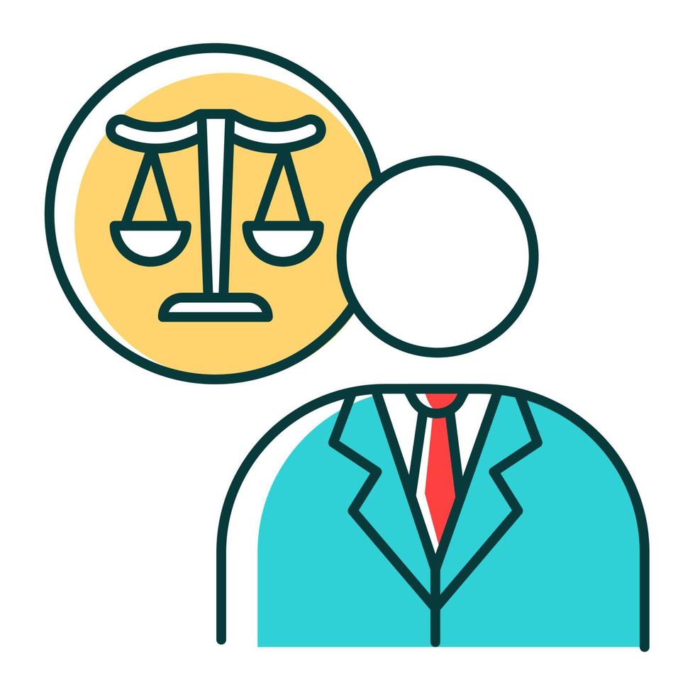 Lawyer RGB color icon. Attorney. Advocate. Legal representative. Trial. Courthouse. Legislature, law enforcement. Justice. Legal assistance. Isolated vector illustration