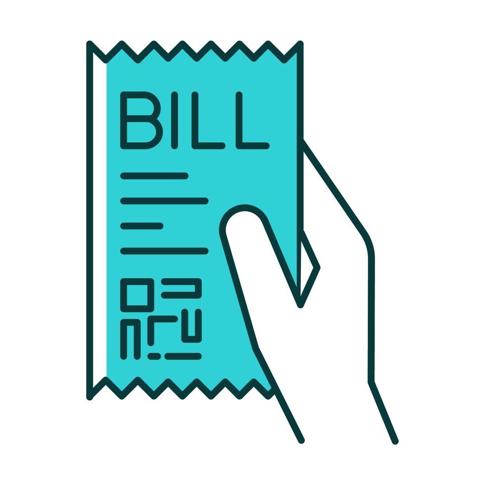 Bill of exchange turquoise RGB color icon. Printed cheque. Payment notice. Purchase confirmation, proof. Cashiers receipt, cash-memo. Shopping. Purchased items list. Isolated vector illustration