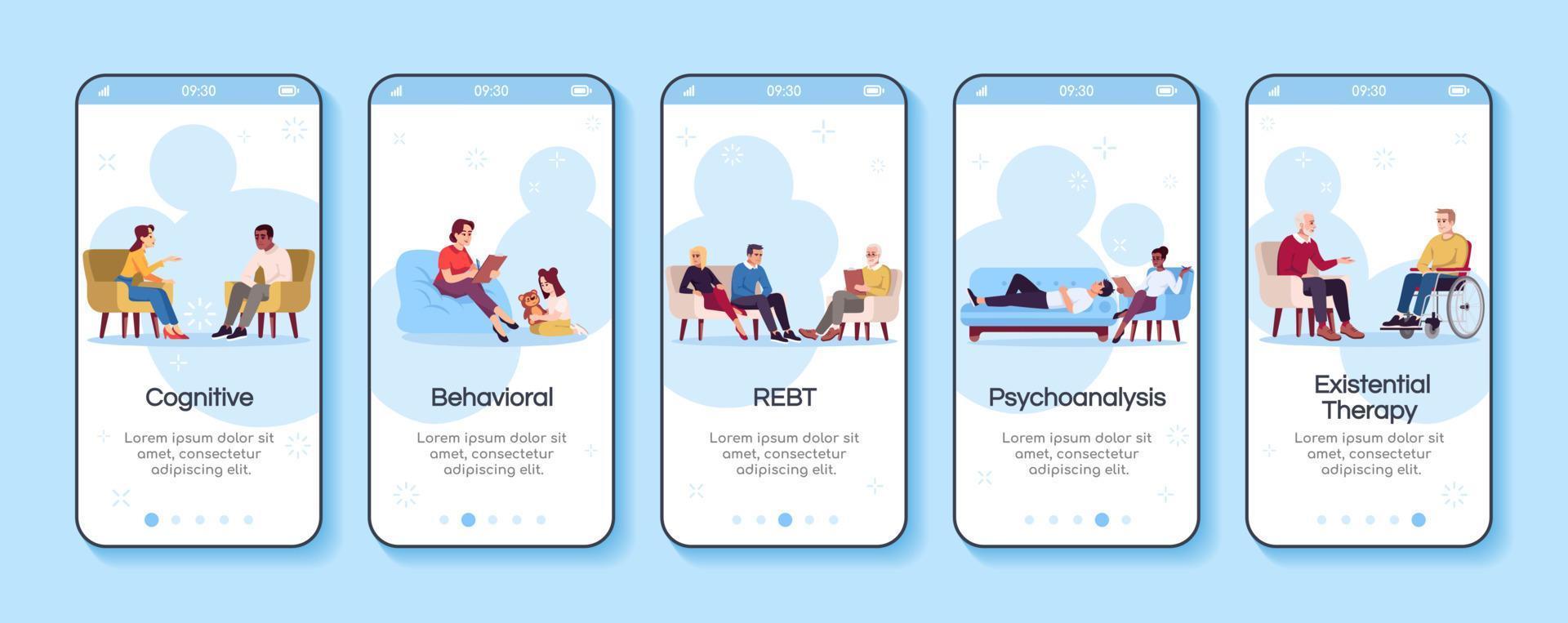 Psychology consultation onboarding mobile app screen vector template. Cognitive, behavioral therapy. Walkthrough website steps with flat characters. UX, UI, GUI smartphone cartoon interface concept