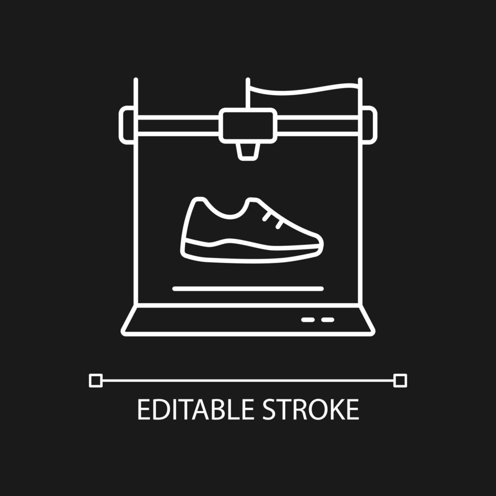 3d printed shoes white linear icon for dark theme. Fabricating lightweight, comfortable footwear. Thin line customizable illustration. Isolated vector contour symbol for night mode. Editable stroke
