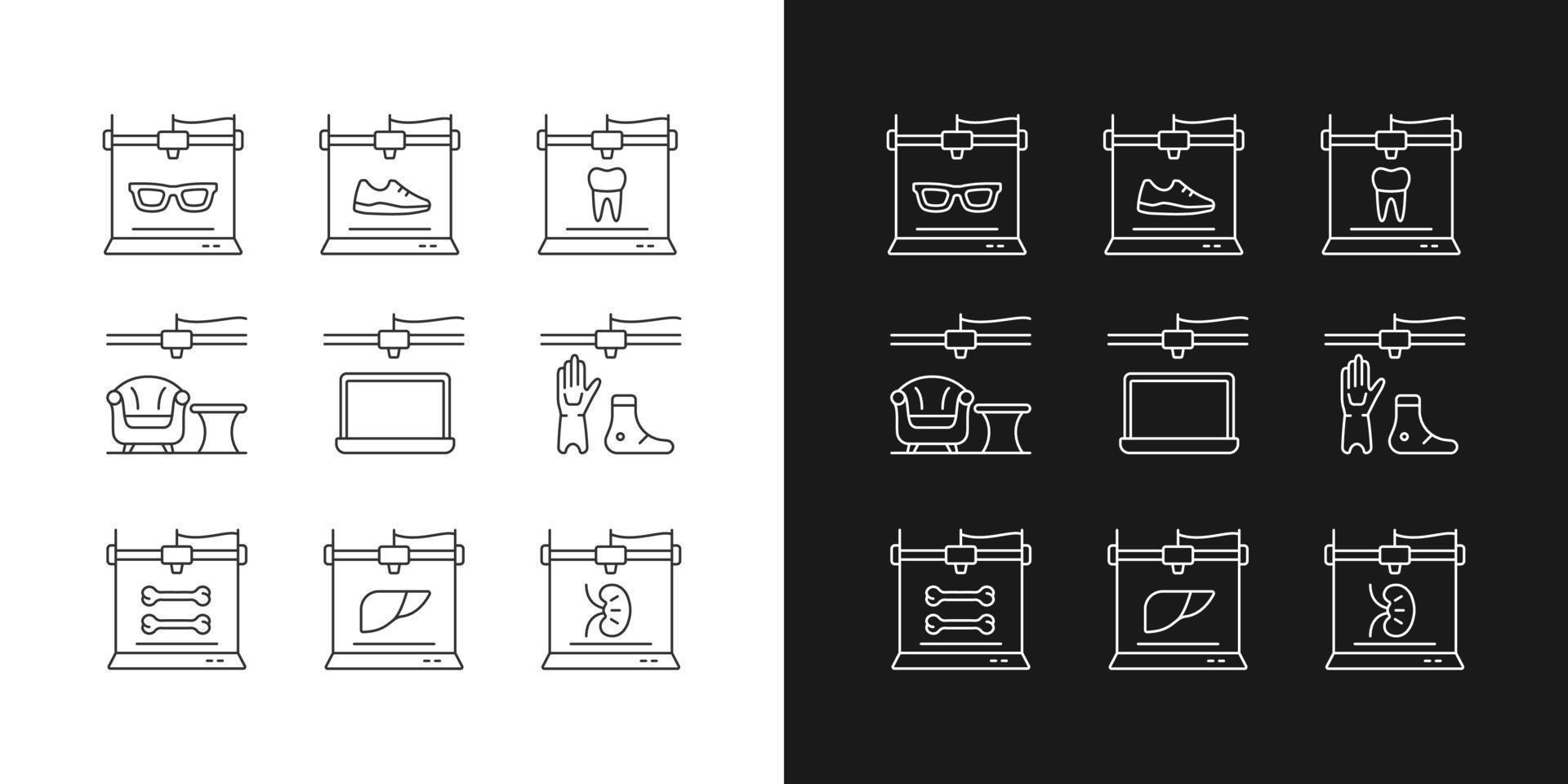Additive manufacturing linear icons set for dark and light mode. Producing 3d models. Printed prosthetics. Customizable thin line symbols. Isolated vector outline illustrations. Editable stroke