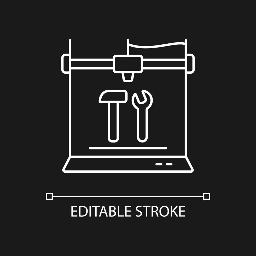 3d printed tools white linear icon for dark theme. Additive manufacturing technology. Thin line customizable illustration. Isolated vector contour symbol for night mode. Editable stroke
