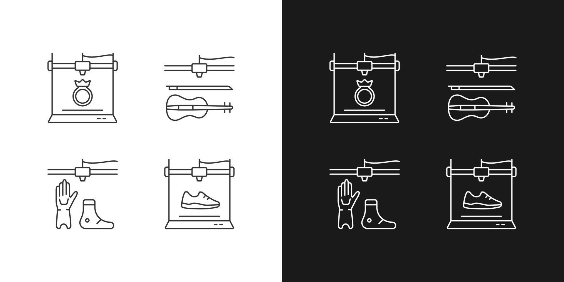 Building 3d objects process linear icons set for dark and light mode. Jewelry production. Artificial limbs. Customizable thin line symbols. Isolated vector outline illustrations. Editable stroke