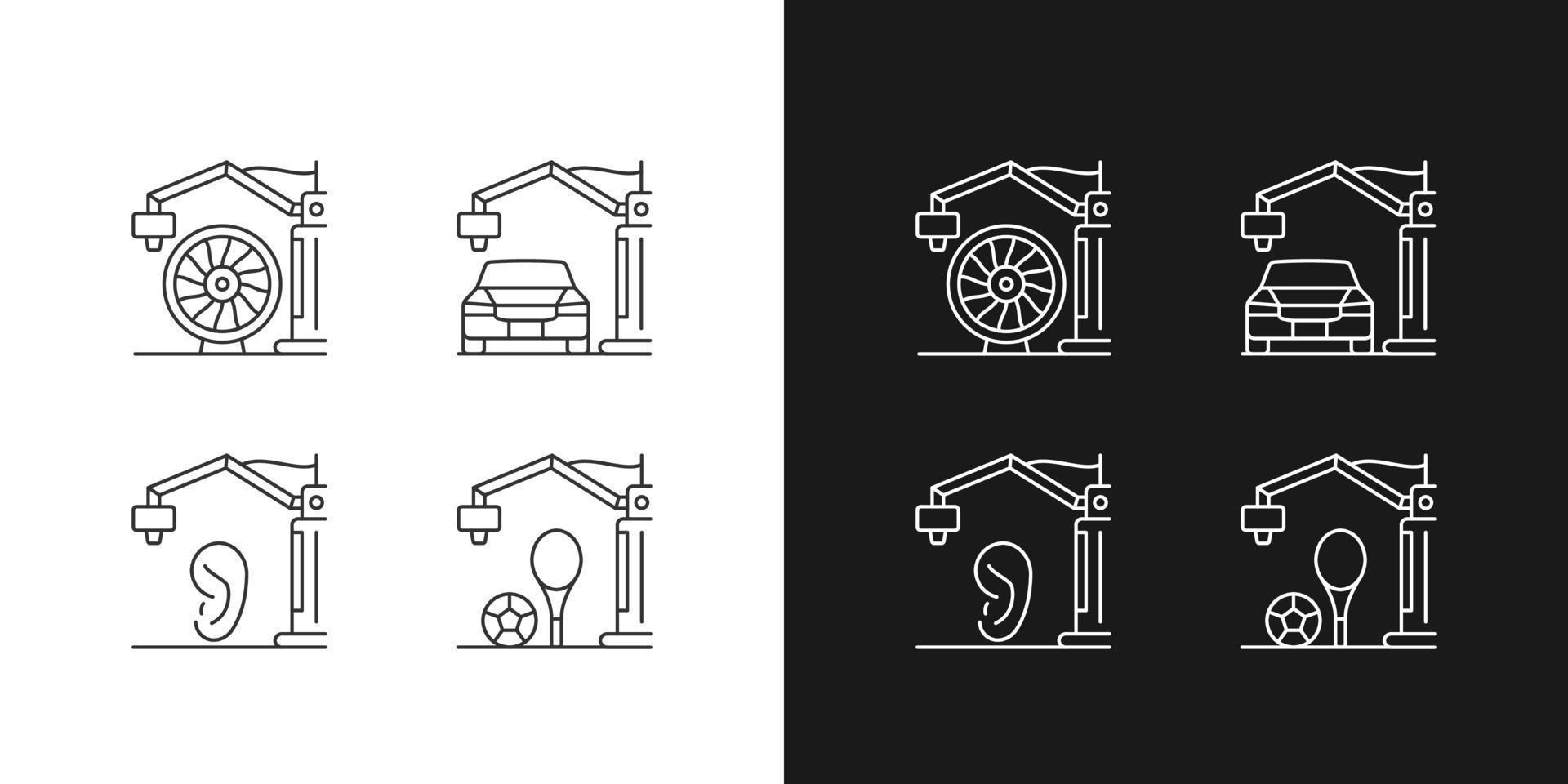 Manufacturing process linear icons set for dark and light mode. 3d printed car. Aerospace industry. Customizable thin line symbols. Isolated vector outline illustrations. Editable stroke