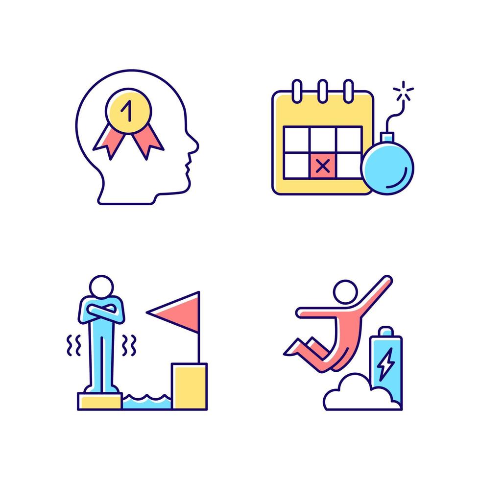 Motivation to win RGB color icons set. Desire for victory. Increasing energy due to motivation. Fear of losing. Deadline frame. Isolated vector illustrations. Simple filled line drawings collection