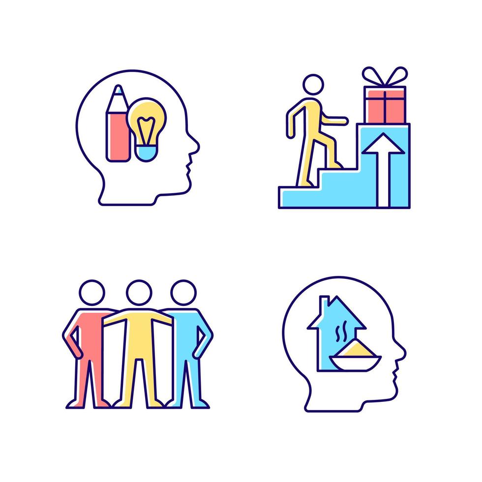 Motivational boosters RGB color icons set. Reward and affiliate motivation. Human basic needs. Desire to belong to community. Isolated vector illustrations. Simple filled line drawings collection