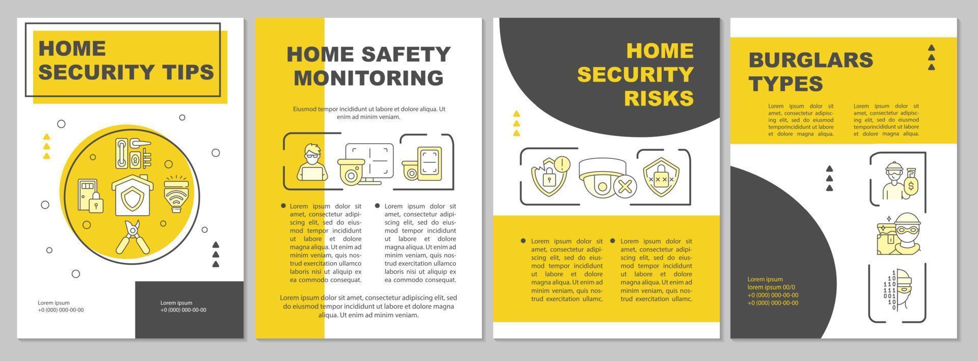 Home security tips yellow brochure template. Protection system. Flyer, booklet, leaflet print, cover design with linear icons. Vector layouts for presentation, annual reports, advertisement pages