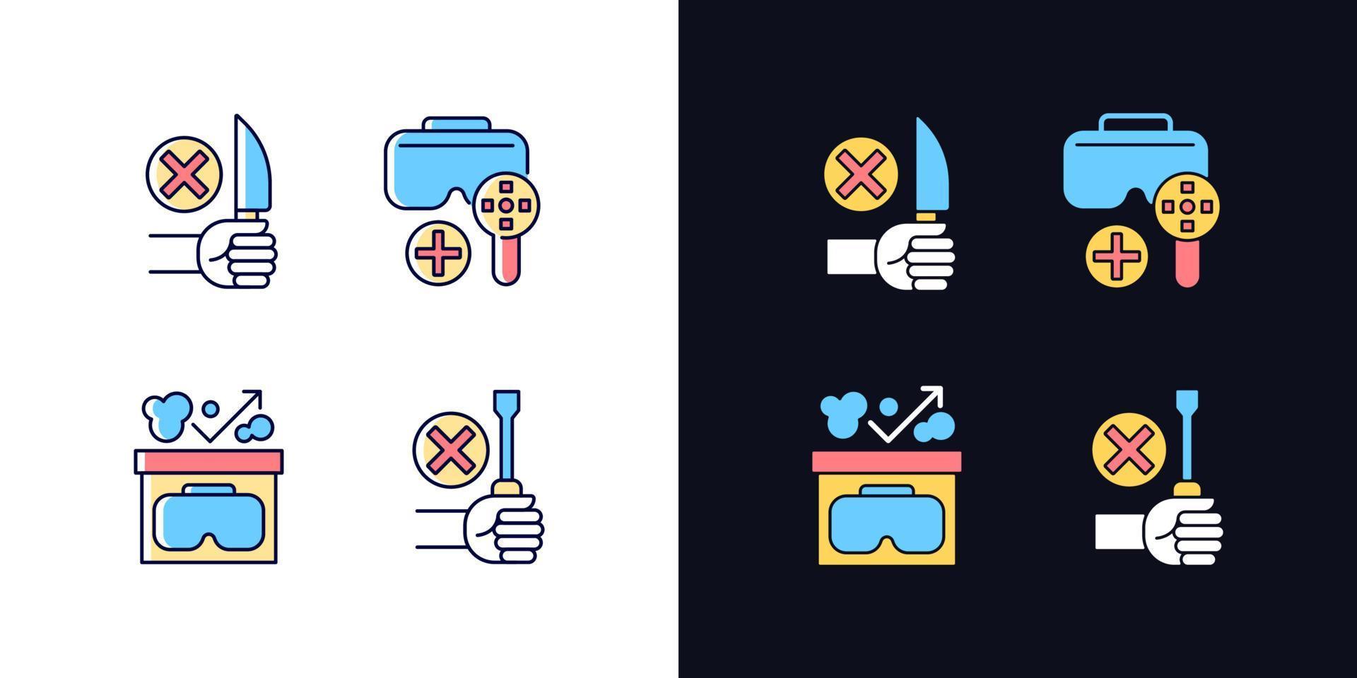 VR helmet usage guide light and dark theme RGB color manual label icons set. Isolated vector illustrations on white and black space. Simple filled line drawings pack for product use instructions