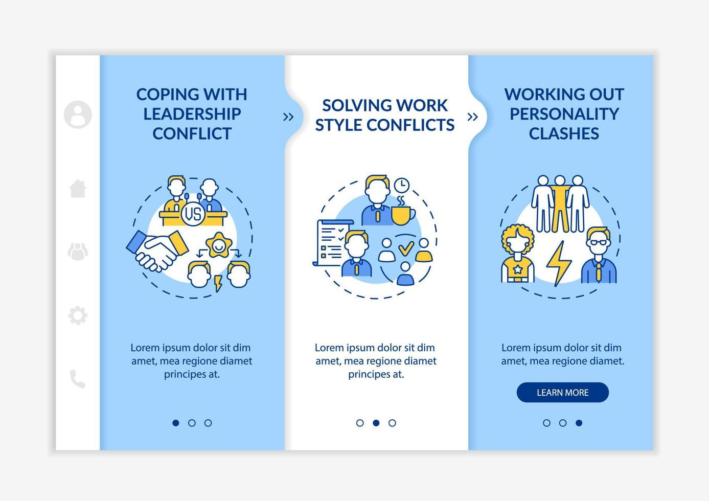 Resolving team conflicts onboarding vector template. Responsive mobile website with icons. Web page walkthrough 3 step screens. Communication color concept with linear illustrations