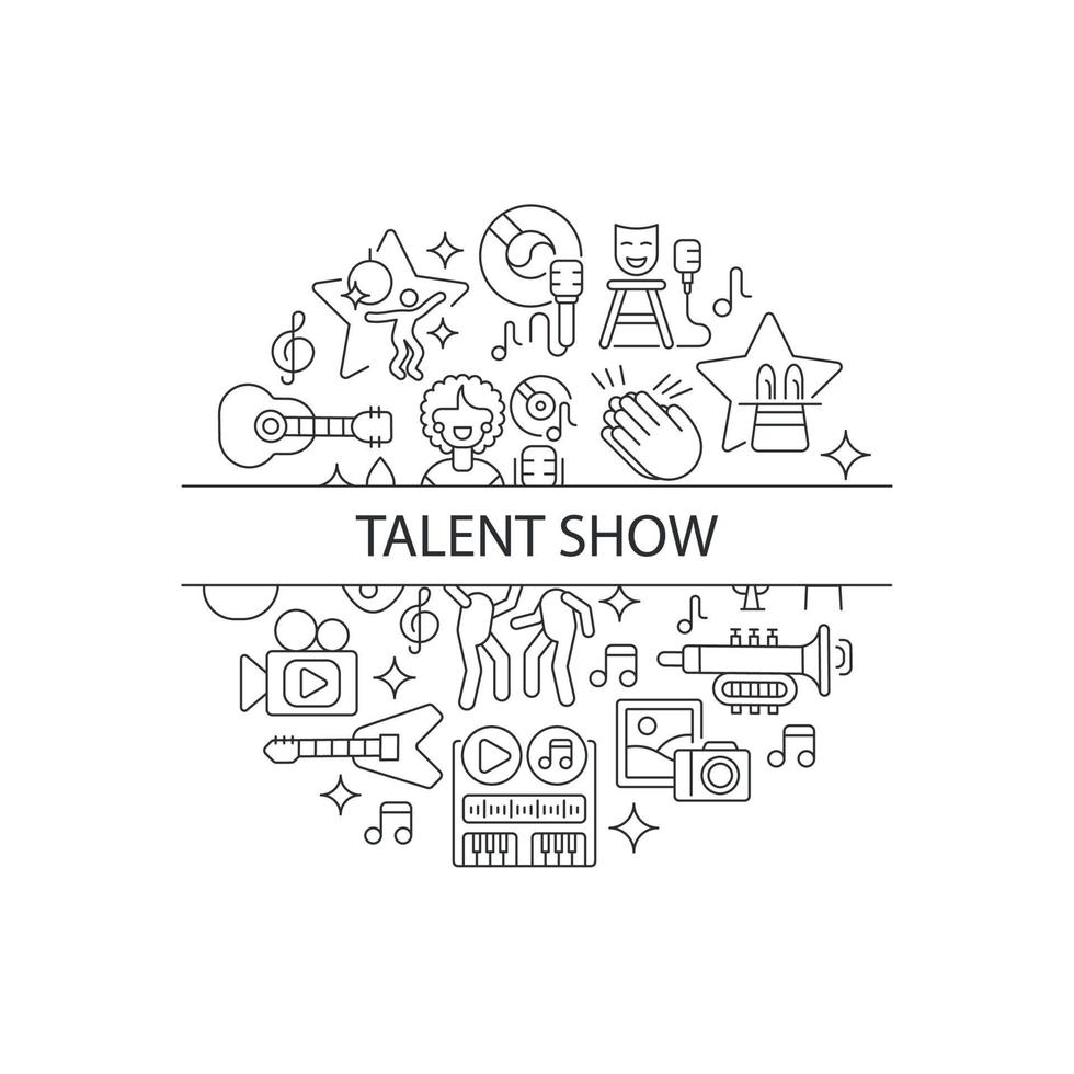 show de talentos diseño de concepto lineal abstracto con título. demostrar talento y creatividad. show en vivo idea minimalista. dibujos gráficos de líneas finas. iconos de contorno vectorial aislado para el fondo vector