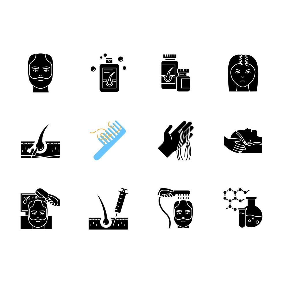 Hair loss black glyph icons set on white space. Hair roots. Alopecia treatment. Hair strands on hand. Physiotherapy and injection for hair thinning. Silhouette symbols. Vector isolated illustration