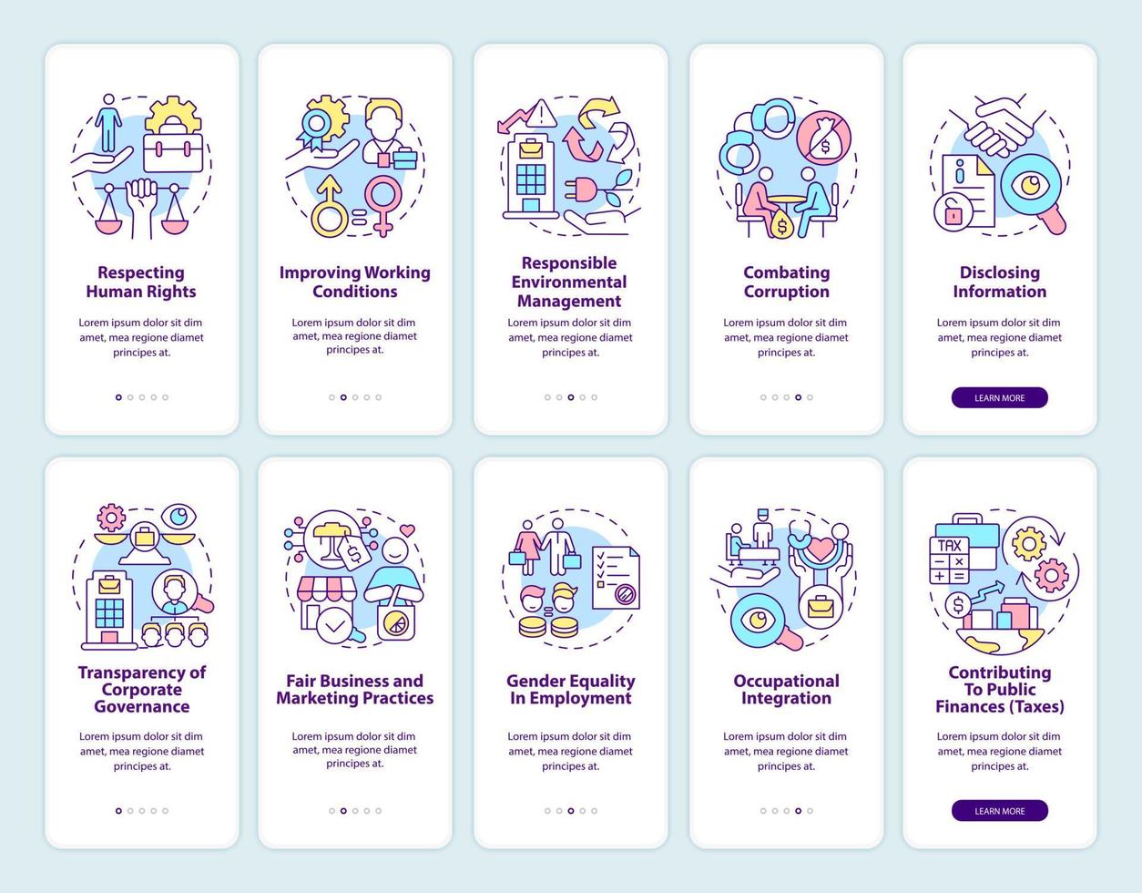 conjunto de pantallas de la página de la aplicación móvil de incorporación relacionada con csr. Tutorial de derechos en el lugar de trabajo Instrucciones gráficas de 5 pasos con conceptos. ui, ux, plantilla de vector de interfaz gráfica de usuario con ilustraciones en color lineal