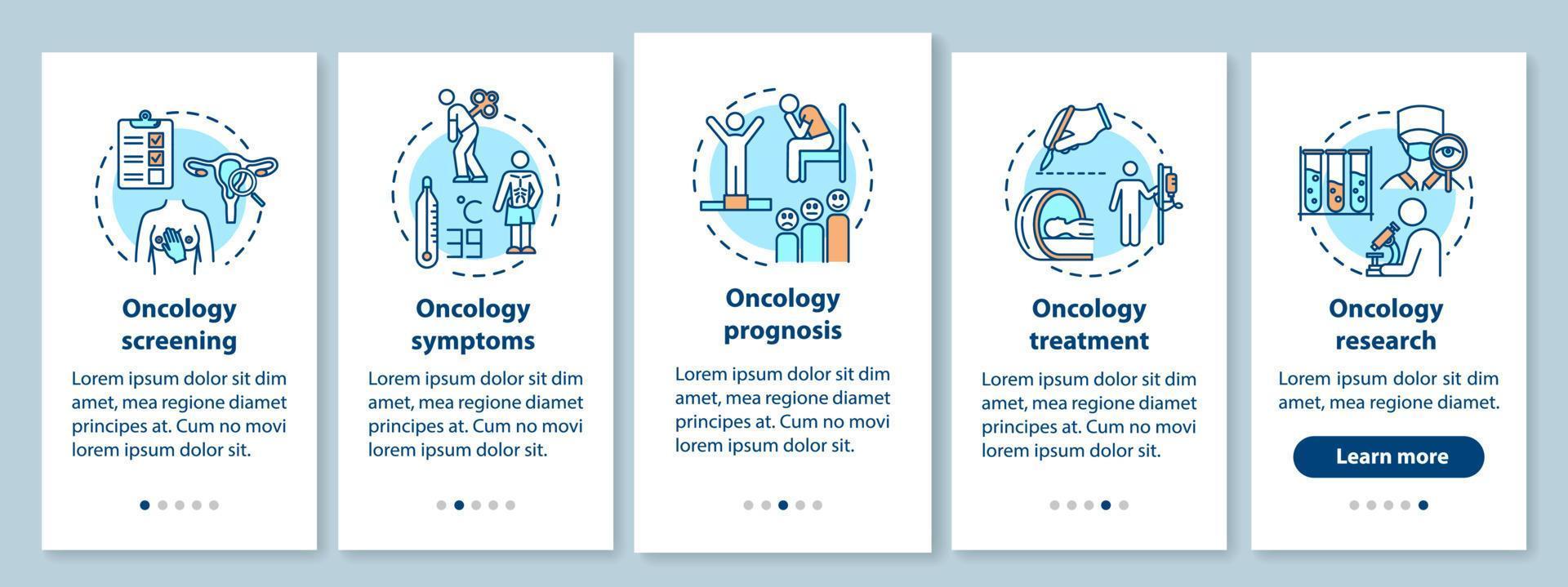 Oncology onboarding mobile app page screen with concepts. Illness treatment walkthrough five steps graphic instructions. Cancer symptoms and prognosis. UI vector template with RGB color illustrations