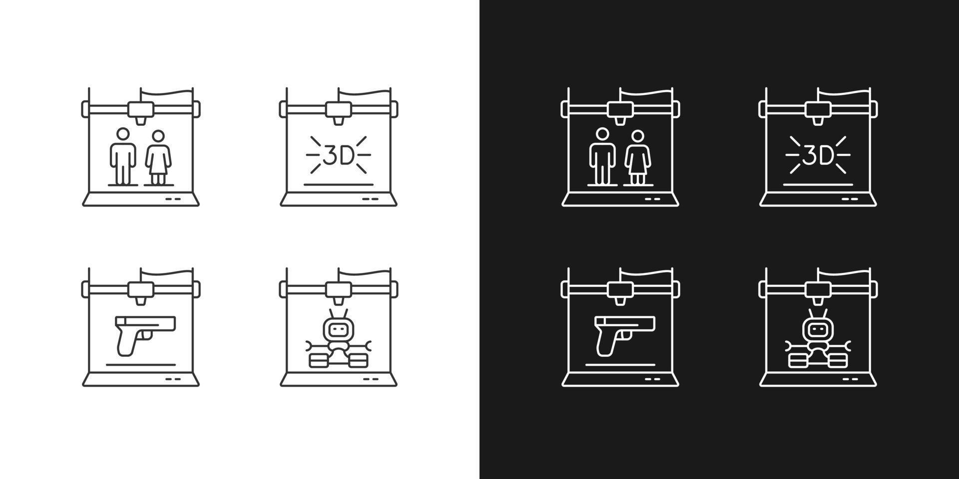 Produce 3d models linear icons set for dark and light mode. Robotic additive manufacturing. Weapon manufacture. Customizable thin line symbols. Isolated vector outline illustrations. Editable stroke