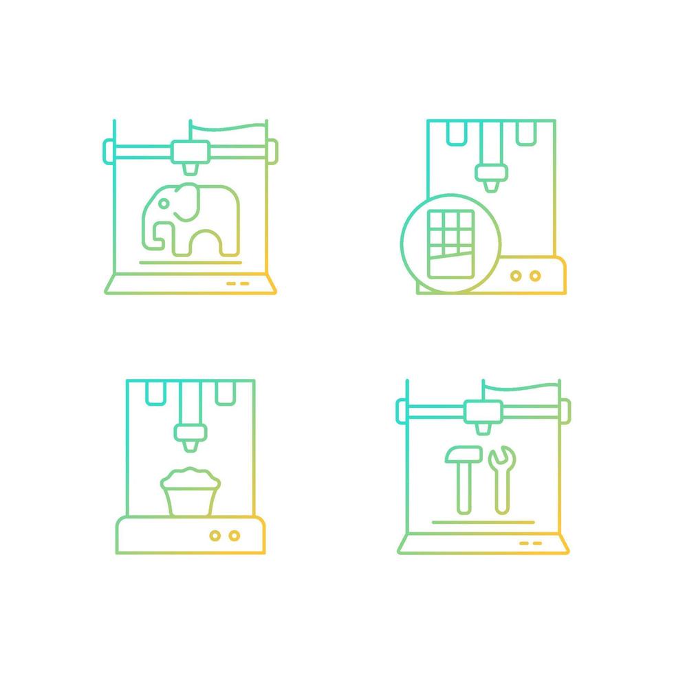 3d printed physical objects gradient linear vector icons set. Food products manufacturing. 3d toys models for kids. Thin line contour symbols bundle. Isolated outline illustrations collection