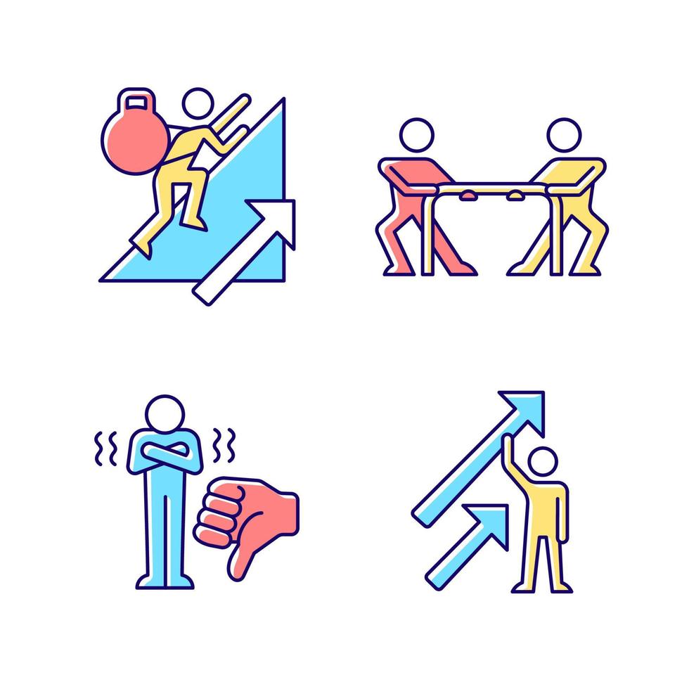 Motivation complications and results RGB color icons set. Positive dynamics. Persistence and competition. Facing criticism. Isolated vector illustrations. Simple filled line drawings collection