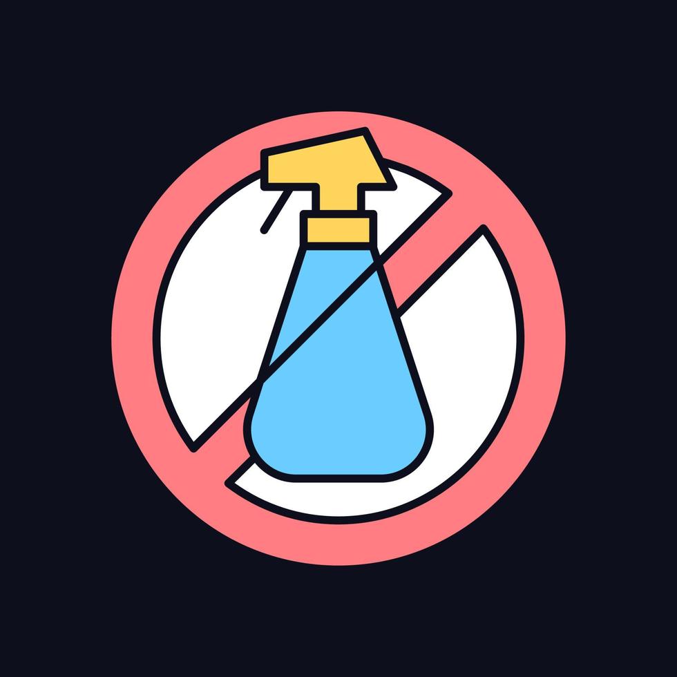 Do not use cleaning agents RGB color manual label icon for dark theme. Isolated vector illustration on night mode background. Simple filled line drawing on black for product use instructions