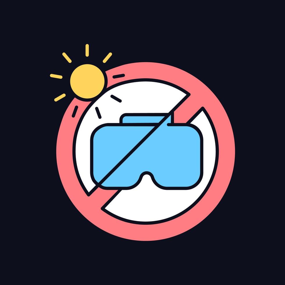 Do not leave in sunlight RGB color manual label icon for dark theme. Isolated vector illustration on night mode background. Simple filled line drawing on black for product use instructions