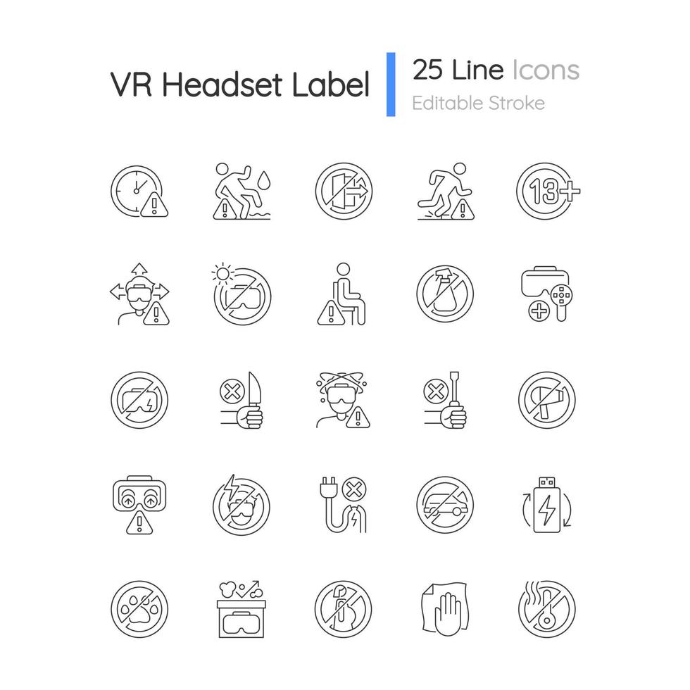Conjunto de iconos de etiqueta manual lineal de uso de casco de realidad virtual. símbolos de contorno de línea fina personalizables. ilustraciones de contorno de vector aislado para instrucciones de uso del producto. trazo editable