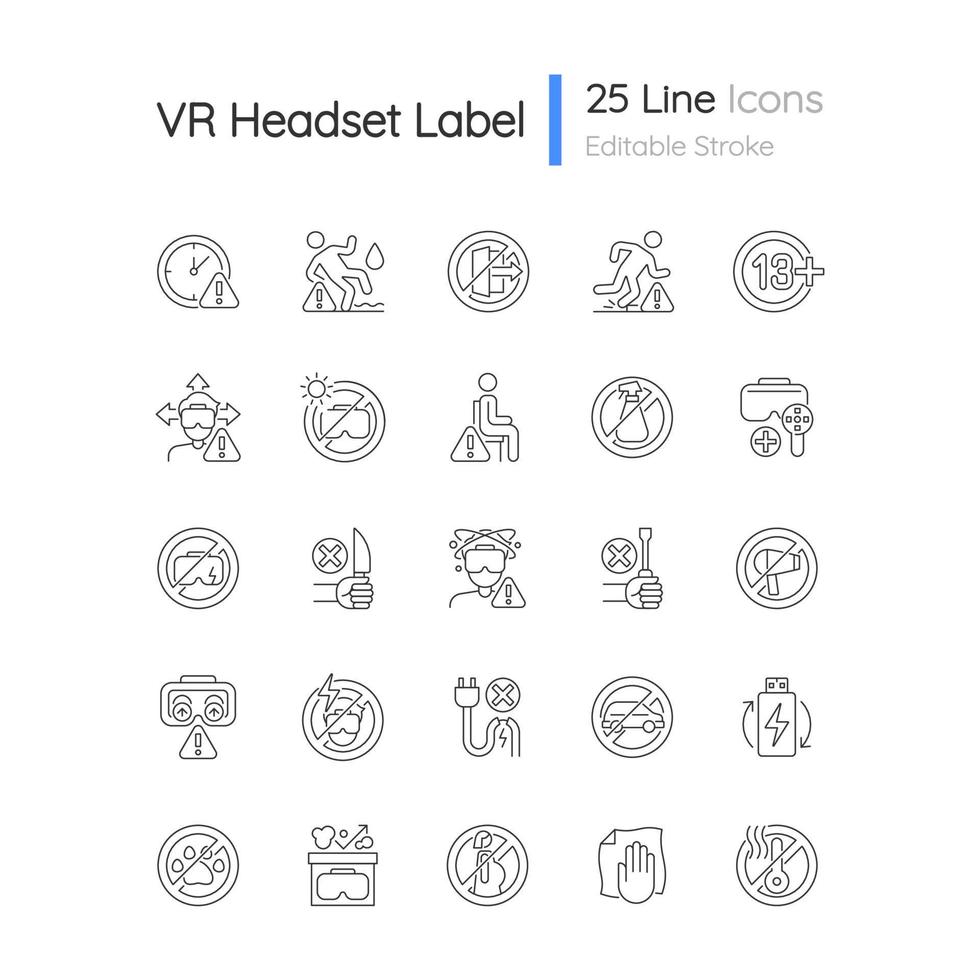 Virtual reality headset usage linear manual label icons set. Customizable thin line contour symbols. Isolated vector outline illustrations for product use instructions. Editable stroke