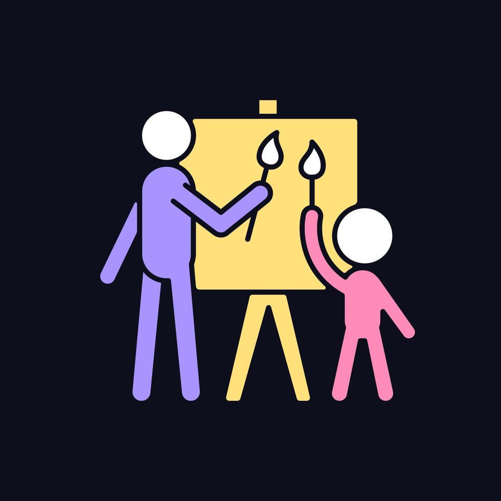 Painting with parent RGB color icon for dark theme. Develop kid artistic skill. Exercising creativity. Isolated vector illustration on night mode background. Simple filled line drawing on black