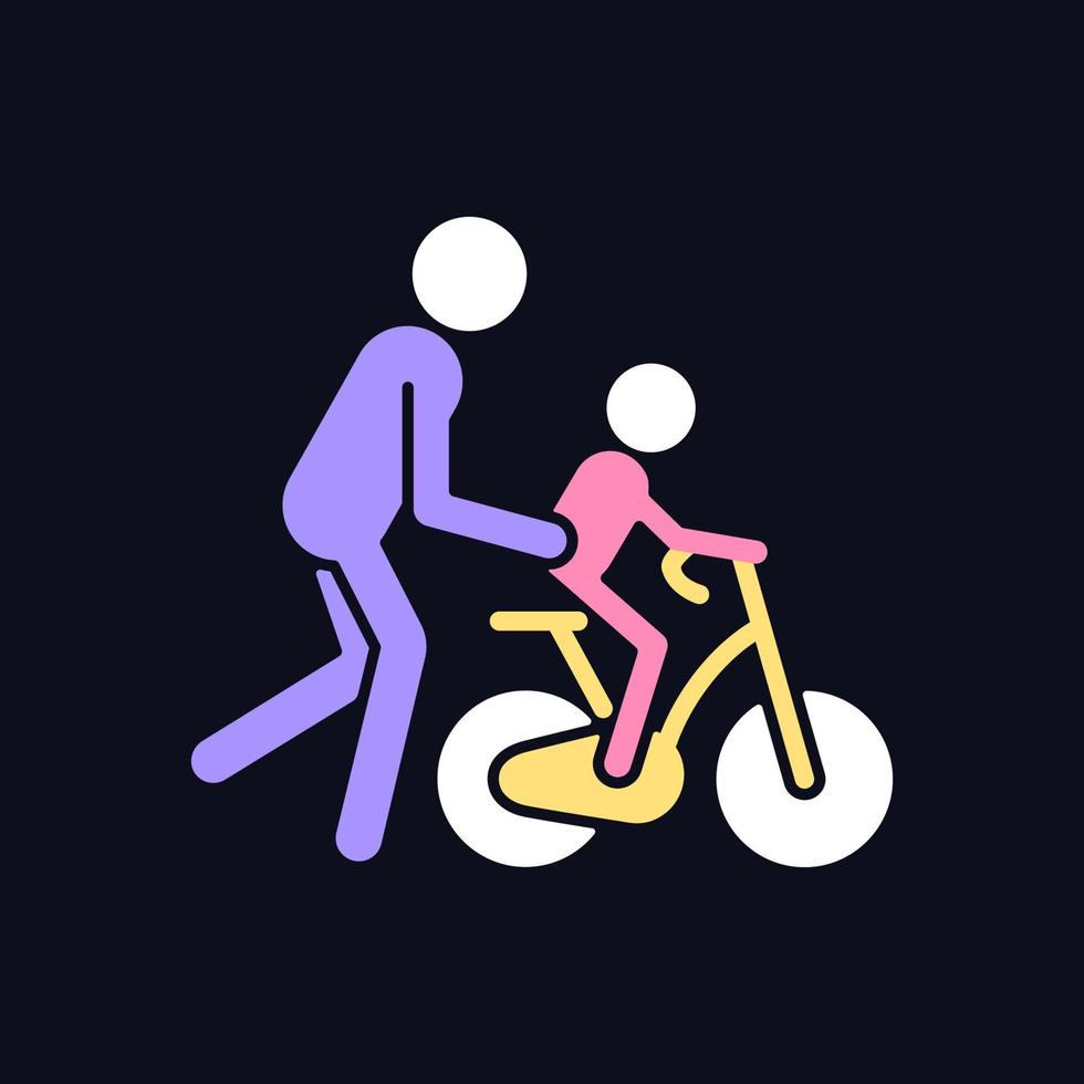 Learning to ride bike RGB color icon for dark theme. Building kid cycling skills. Fun family togetherness. Isolated vector illustration on night mode background. Simple filled line drawing on black