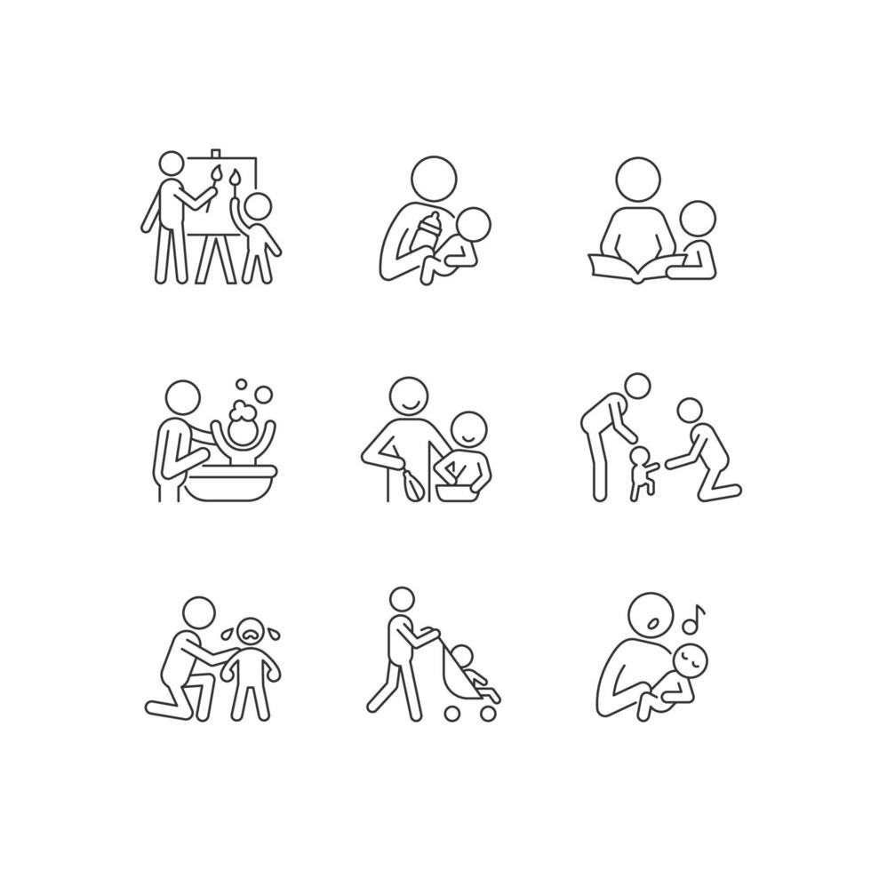 Responsible parenthood linear icons set. Art therapy. Bottle feeding. Reading book. Bathing child. Customizable thin line contour symbols. Isolated vector outline illustrations. Editable stroke