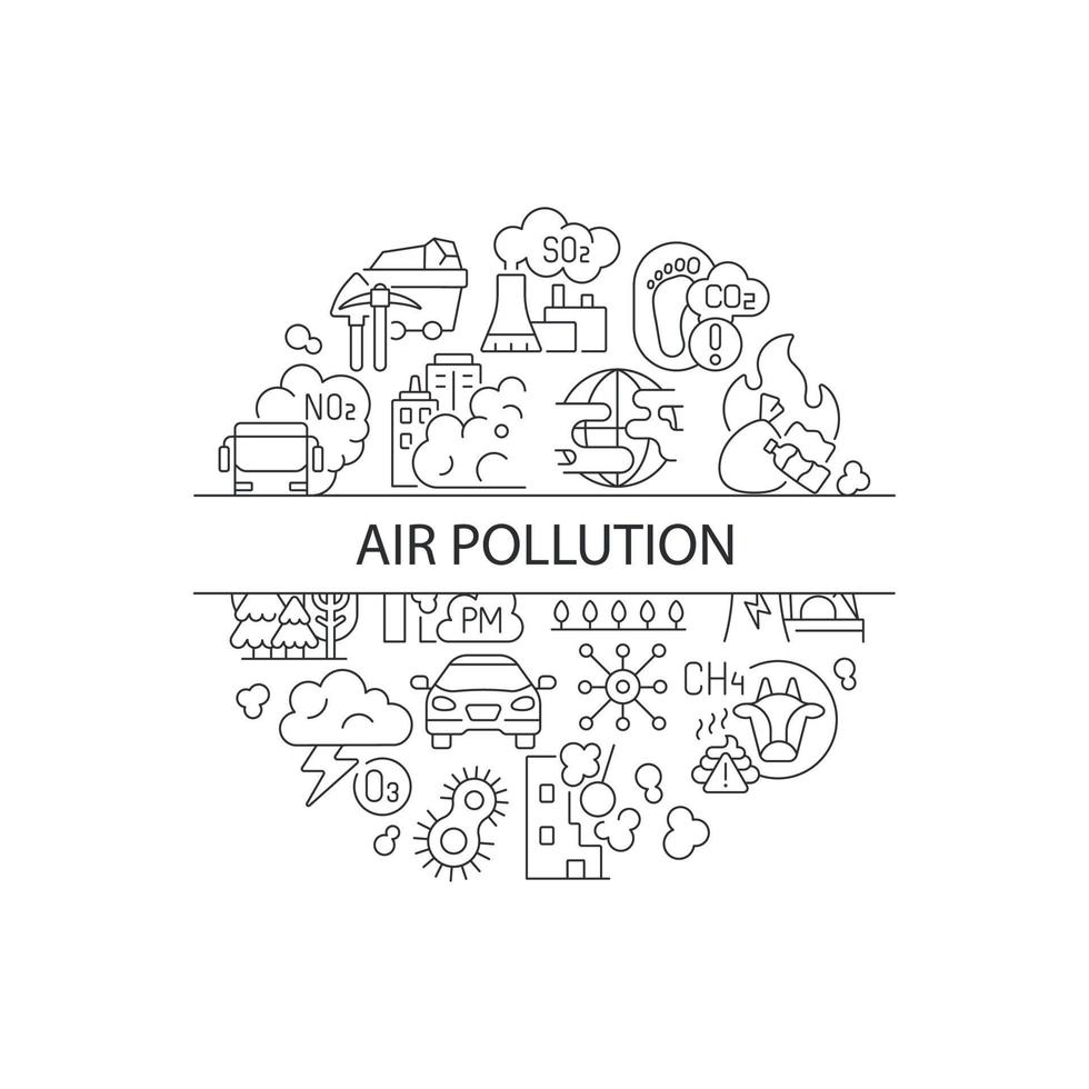 Diseño de concepto lineal abstracto de contaminación urbana con título. idea minimalista del problema climático. huella de carbono. dibujos gráficos de líneas finas. iconos de contorno vectorial aislado para el fondo vector