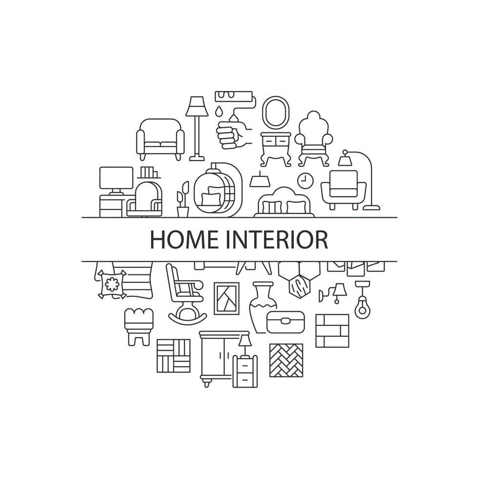 Home interior abstract linear concept layout with headline. Furniture and house decor minimalistic idea. Cozy lifestyle. Thin line graphic drawings. Isolated vector contour icons for background