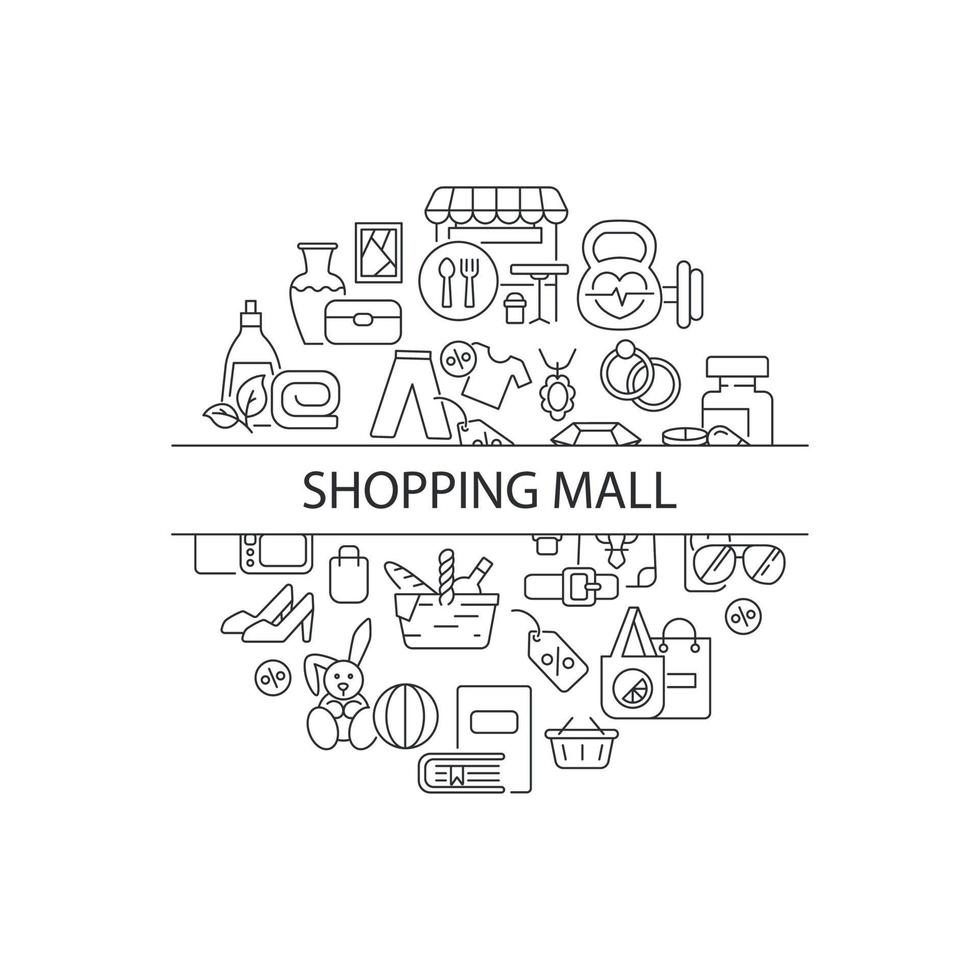 Shopping goods abstract linear concept layout with headline. Mall categories of purchases. Store products minimalistic idea. Thin line graphic drawings. Isolated vector contour icons for background