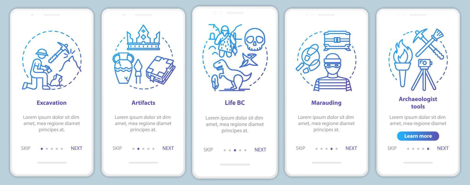 Archeology onboarding mobile app page screen vector template. Excavating and preserving artifacts. Walkthrough website steps with linear illustrations. UX, UI, GUI smartphone interface concept