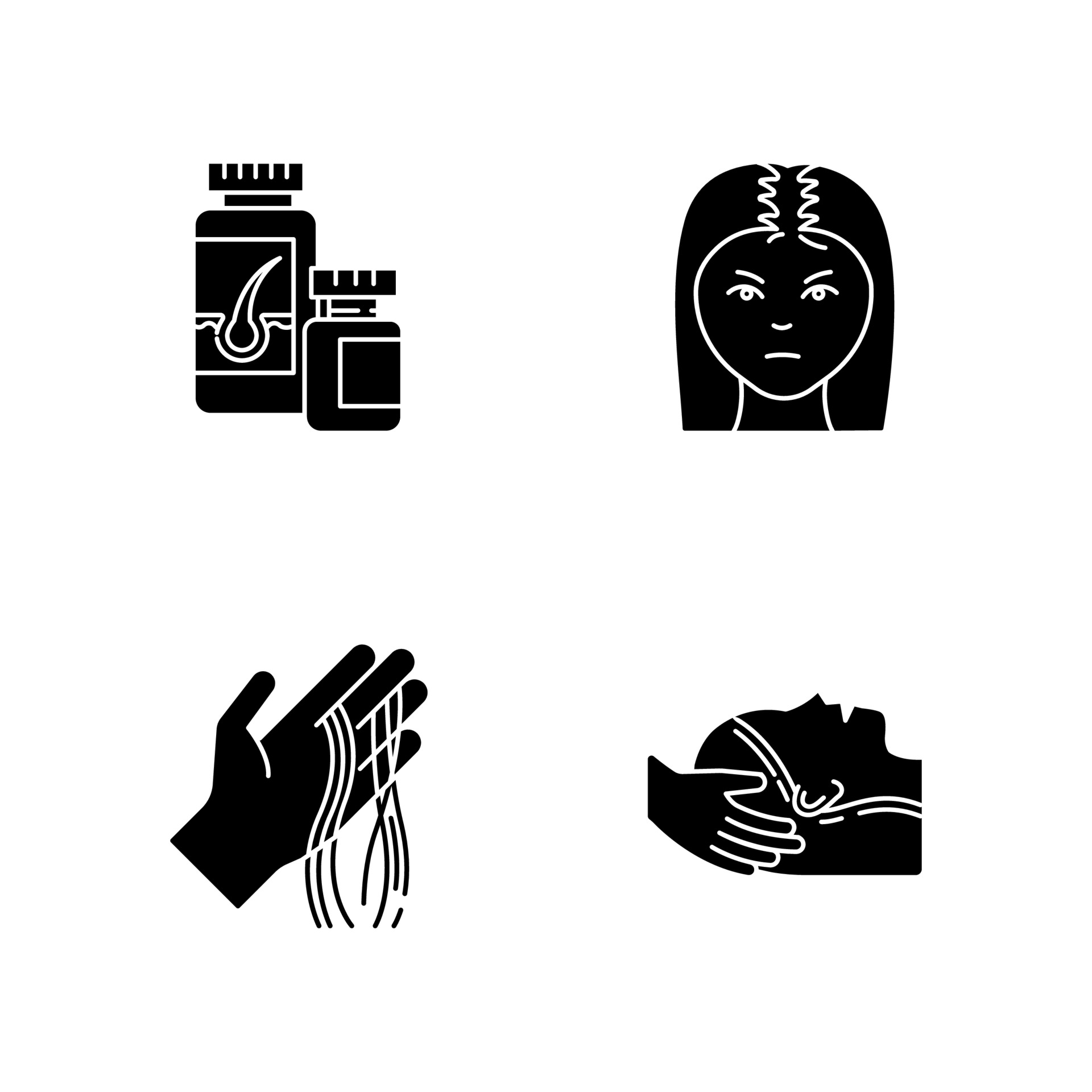 Hair loss black glyph icons set on white space. Female baldness. Alopecia  treatment. Woman with thinning hair. Physiotherapy, vitamin supplements.  Silhouette symbols. Vector isolated illustration 3774793 Vector Art at  Vecteezy