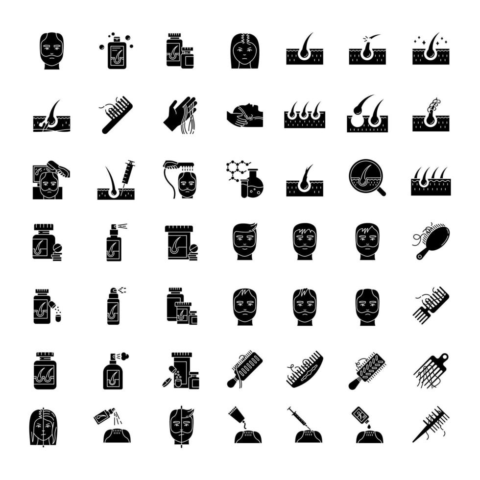 Hair loss black glyph icons set on white space. Baldness and alopecia treatment. Laser therapy for hairloss. Female and male hair thinning problem aid. Silhouette symbols. Vector isolated illustration