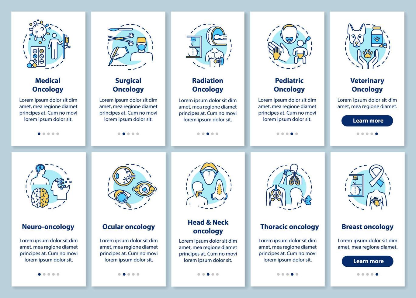 Oncology onboarding pantalla de la página de la aplicación móvil con conceptos. instrucciones gráficas de pasos de tutorial de tratamiento de enfermedades. cáncer ocular. Oncologia medica. plantilla de vector de interfaz de usuario con ilustraciones en color rgb