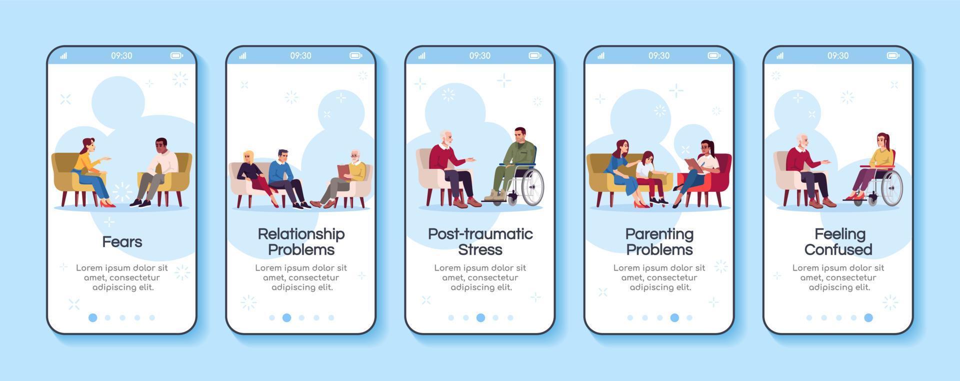 Psychology consultation onboarding mobile app screen vector template. Relationship problems. Fears. Walkthrough website steps with flat characters. UX, UI, GUI smartphone cartoon interface concept