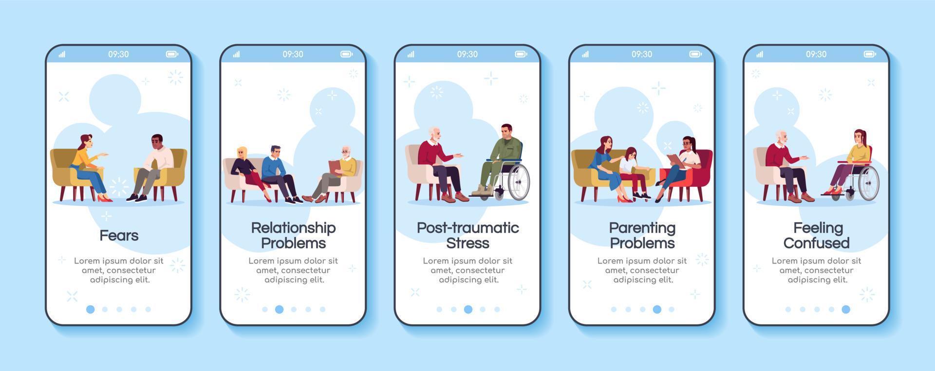 consulta de psicología incorporación de plantilla de vector de pantalla de aplicación móvil. problemas de pareja. miedos. paso a paso del sitio web con caracteres planos. concepto de interfaz de dibujos animados de smartphone ux, ui, gui