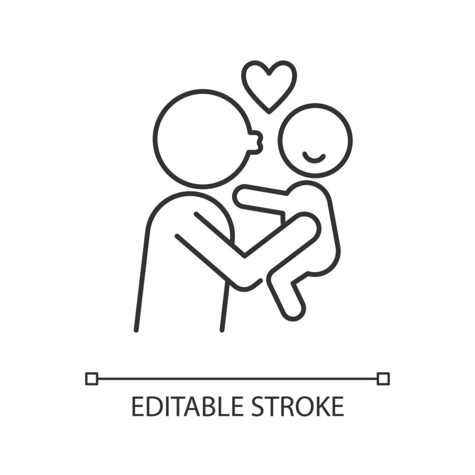 Kissing child on cheek linear icon. Showing affection. Express parental love to baby. Thin line customizable illustration. Contour symbol. Vector isolated outline drawing. Editable stroke