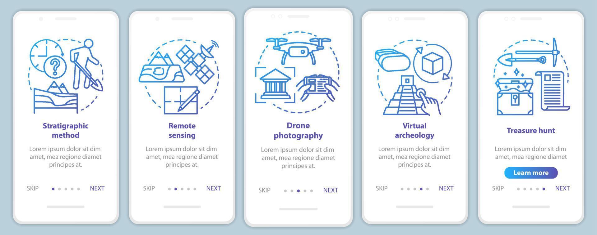 Archeology methods onboarding mobile app page screen vector template. Study of terrain, treasure hunt. Walkthrough website steps with linear illustrations. UX, UI, GUI smartphone interface concept