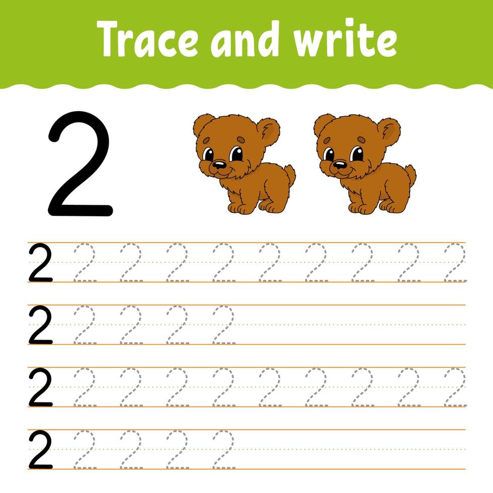 Trace and write. Handwriting practice. Learning numbers for kids. Education developing worksheet. Color activity page. Isolated vector illustration in cute cartoon style.