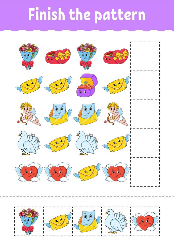 Finish the pattern. Cut and play. Education developing worksheet. Activity page. Valentine's Day. Cartoon character. vector