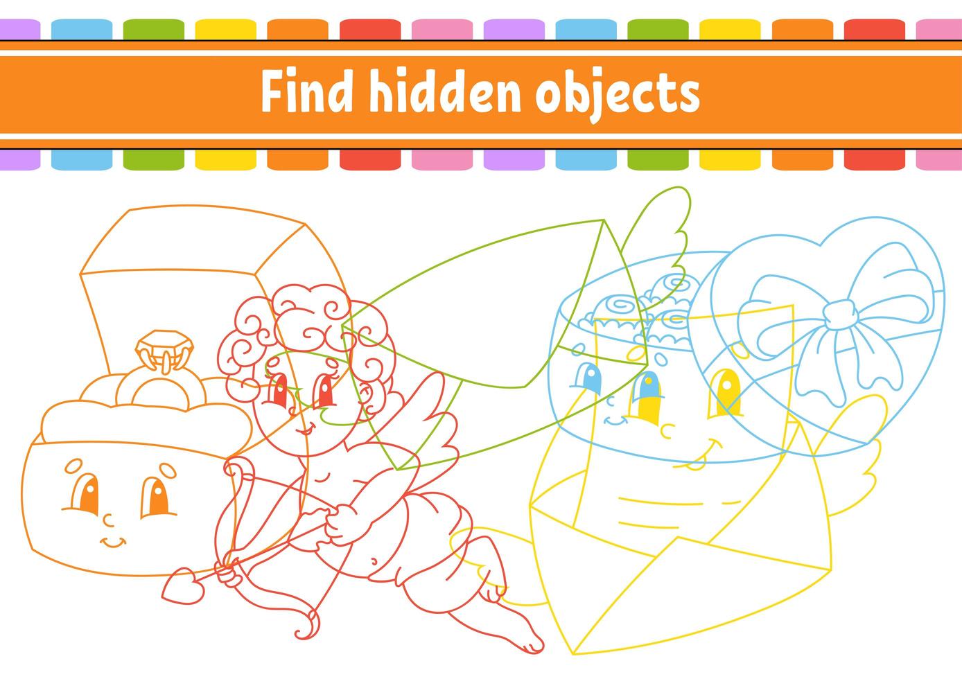 Find hidden object. Education developing worksheet. Activity page with pictures. Color contour. Logical thinking training. Isolated vector illustration. Funny character. Cartoon style.